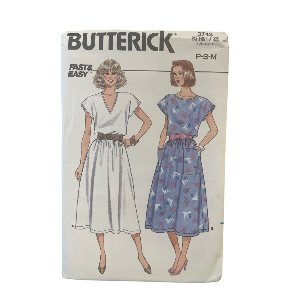 Butterick 3743 Dress Pattern Misses P-S-M 1980s Vintage Uncut Fast Easy